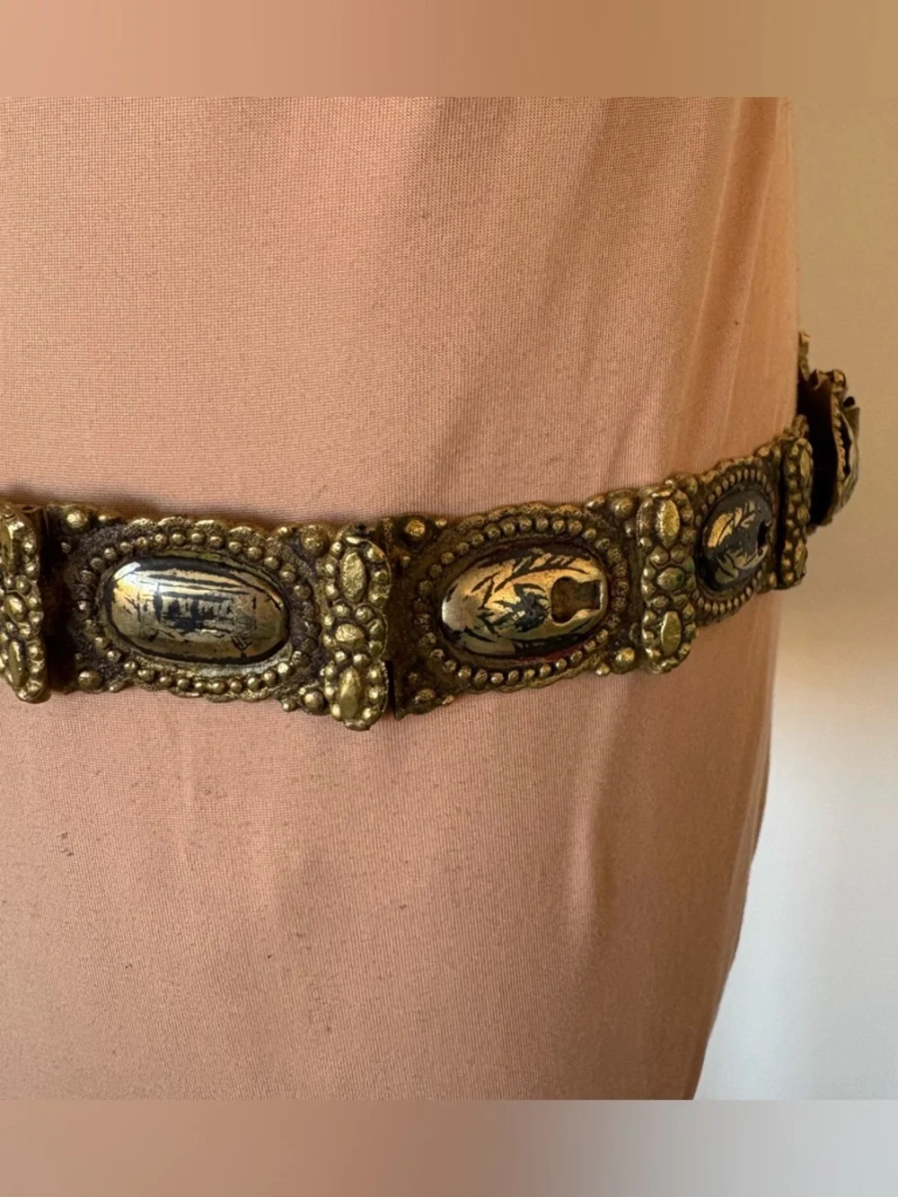 19th Century Antique Ottoman Turkish c1800s Brass Niello Paneled Pictorial Belt